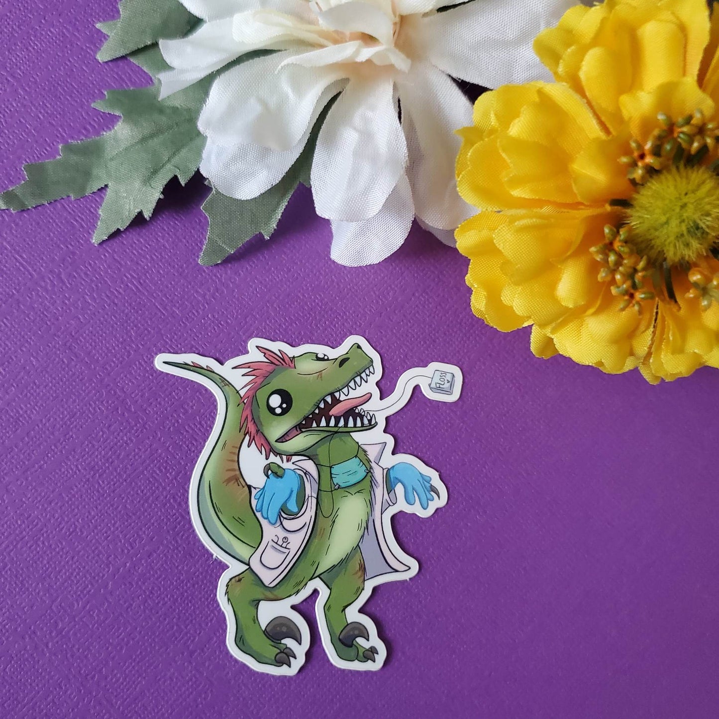 Flossaraptor Sticker (dentist + velociraptor)