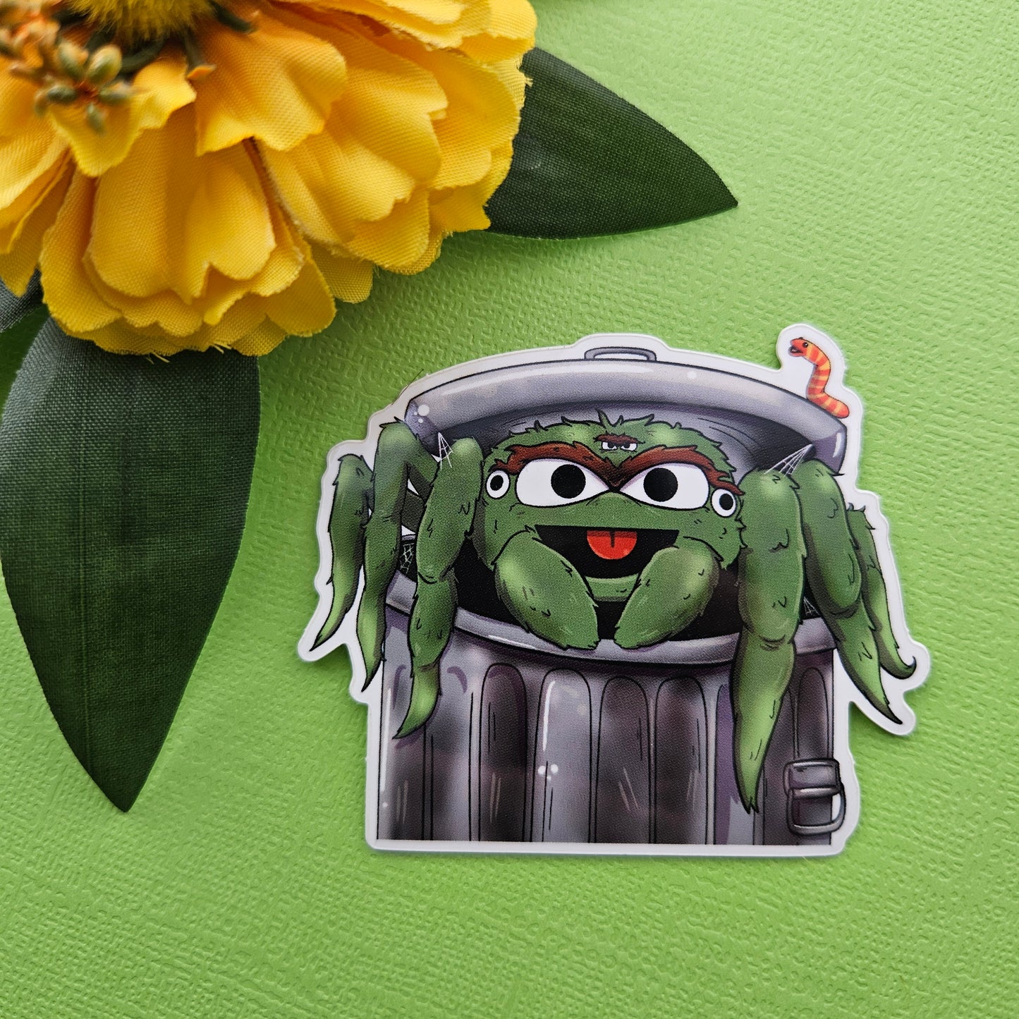 Spooder the Grooch Sticker (trapdoor spider + oscar the grouch)