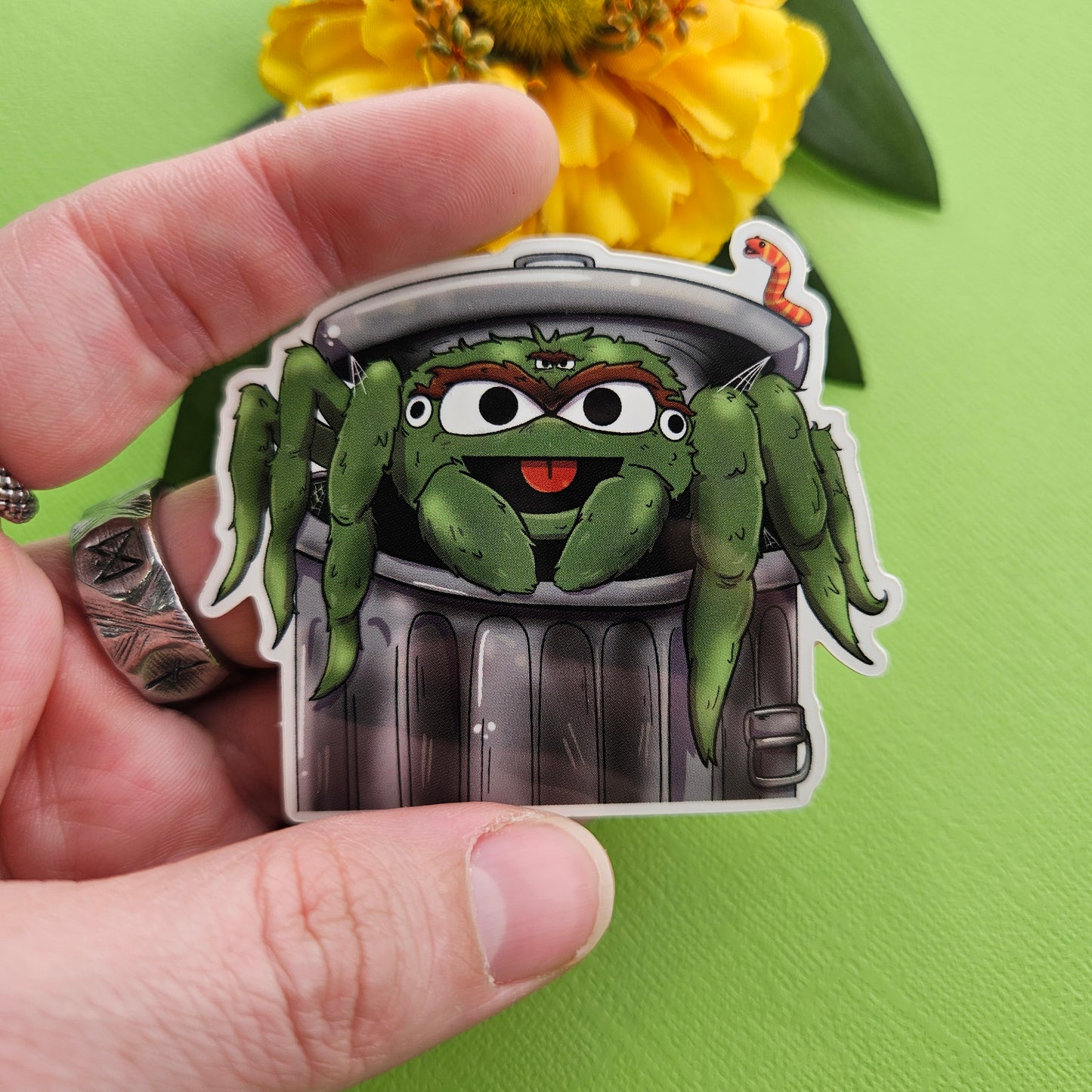 Spooder the Grooch Sticker (trapdoor spider + oscar the grouch)